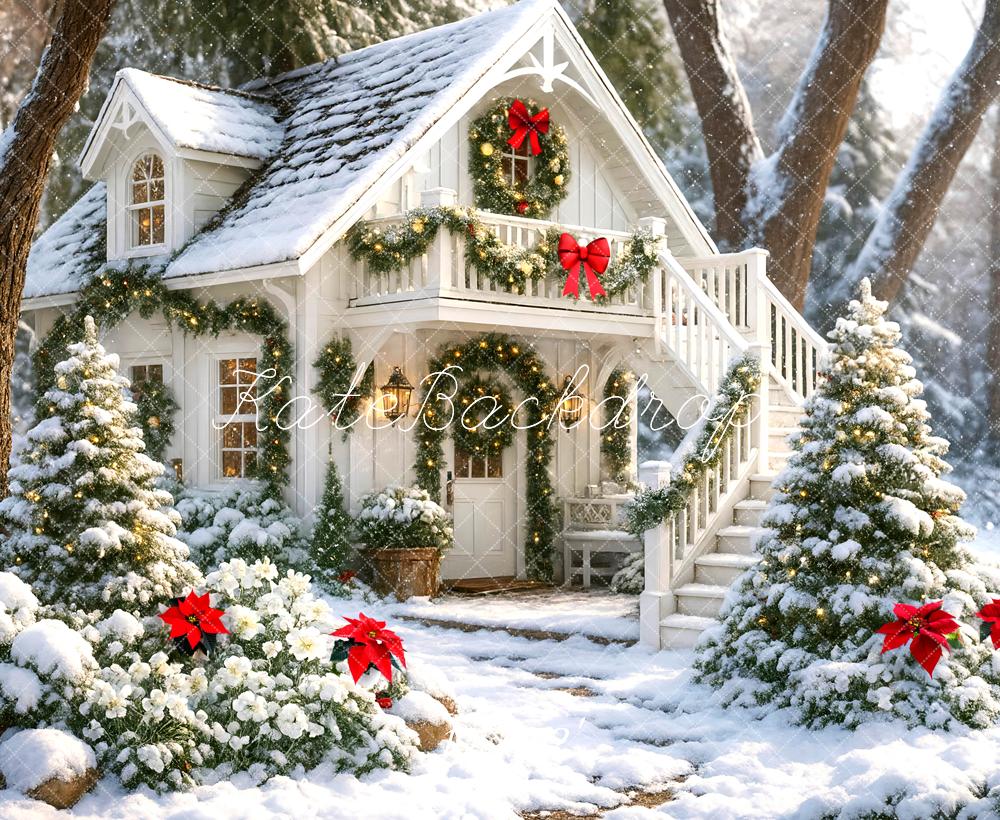 Kate Noël Maison Hiver Neige Arbres Toile de fond conçue par Mini MakeBelieve - Kate Backdrop FR