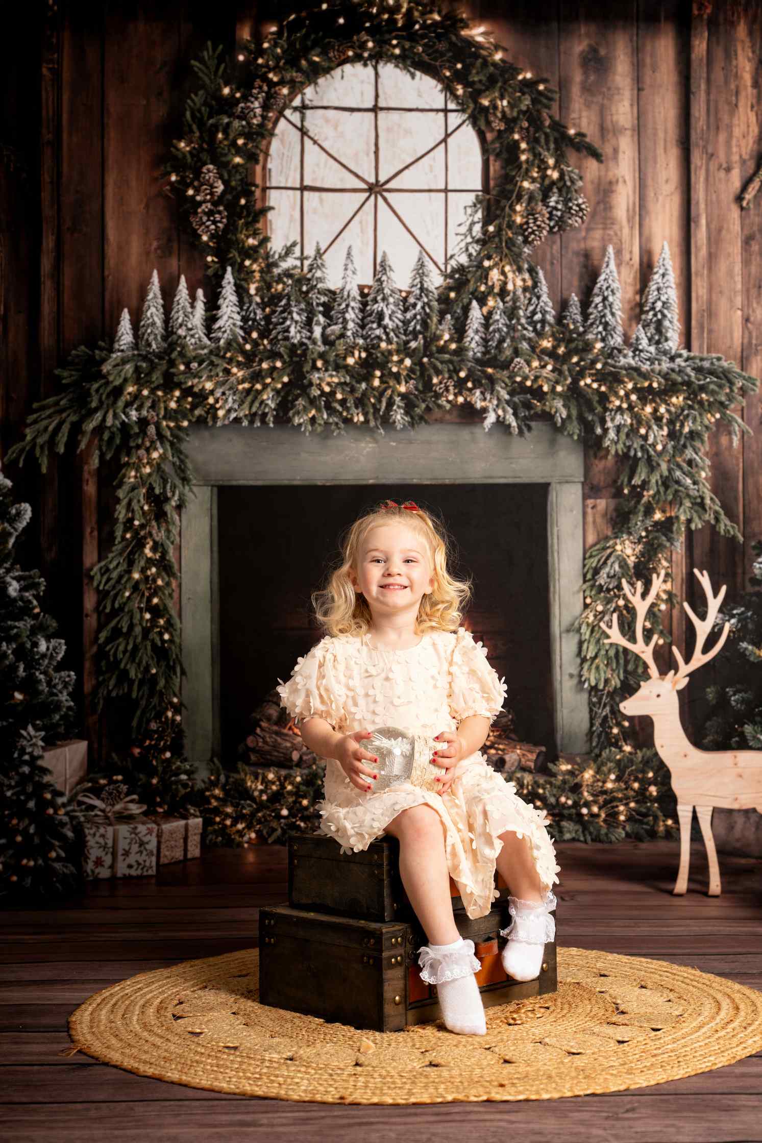 Kate Sapin de Noël Bois Cheminée Cerf Toile de fond+Bois Brun Sol Toile de fond - Kate Backdrop FR