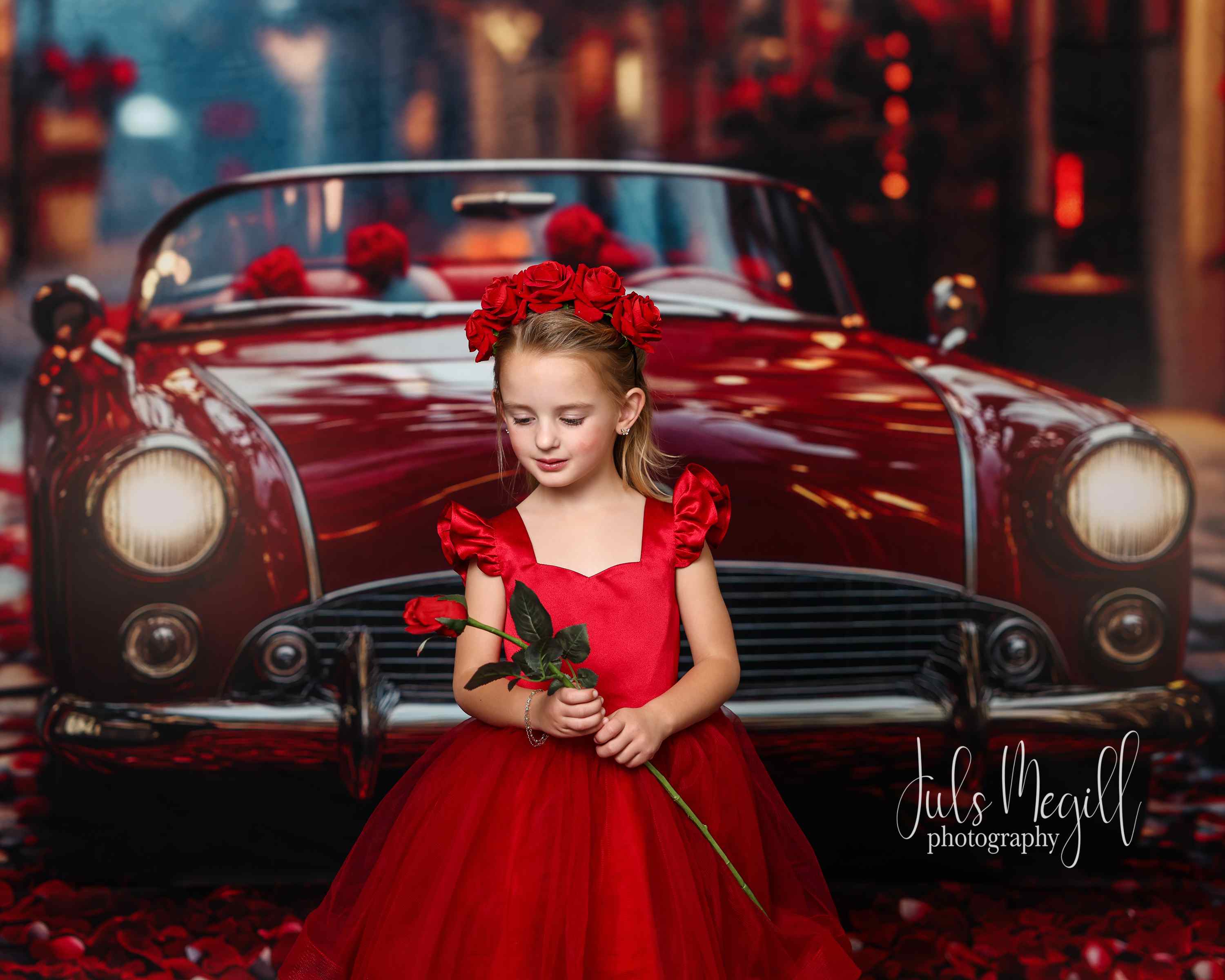 Kate Sweep Mur-à-Sol Saint-Valentin Voiture Rouge Toile de fond conçue par Patty Roberts - Kate Backdrop FR