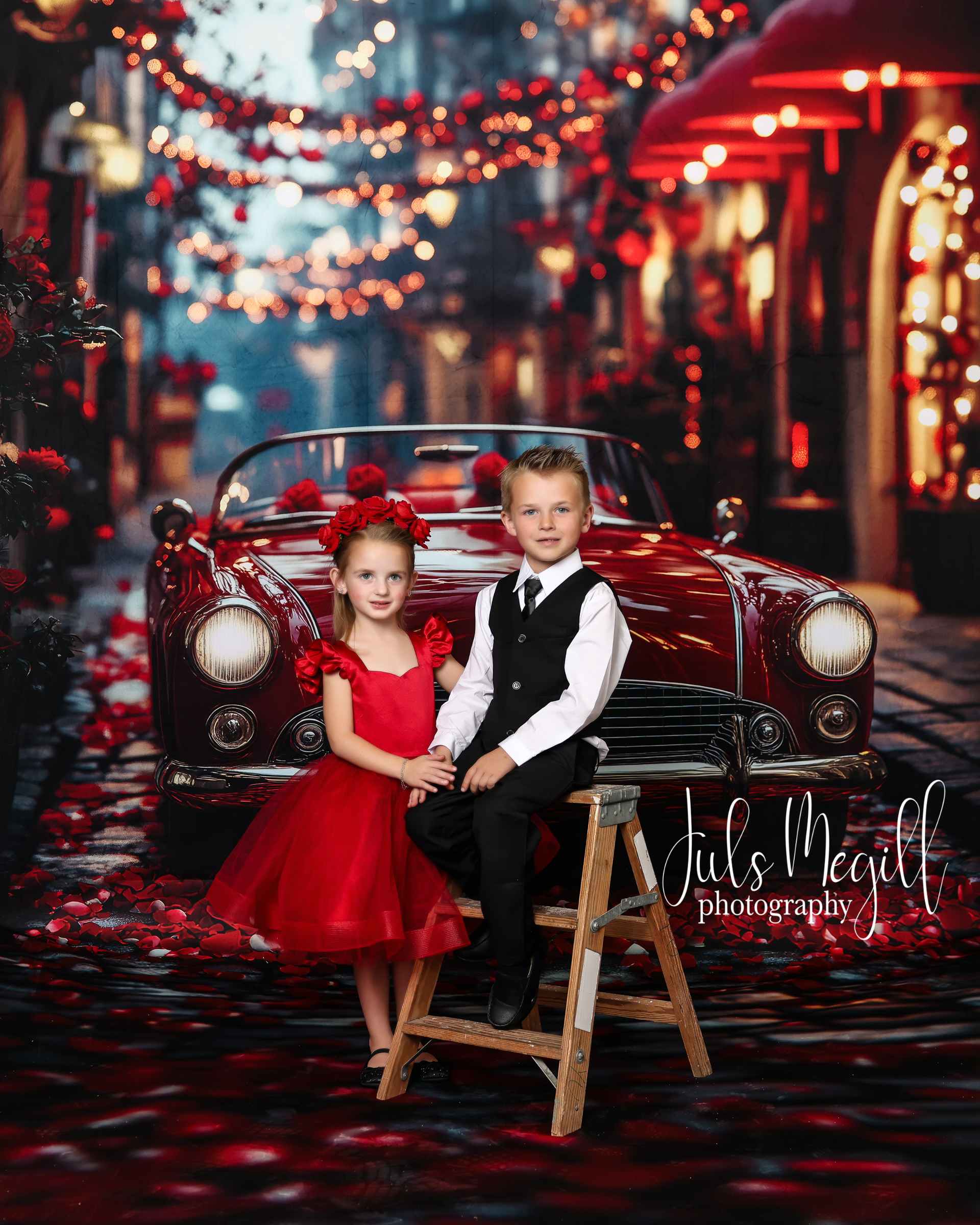 Kate Sweep Mur-à-Sol Saint-Valentin Voiture Rouge Toile de fond conçue par Patty Roberts - Kate Backdrop FR