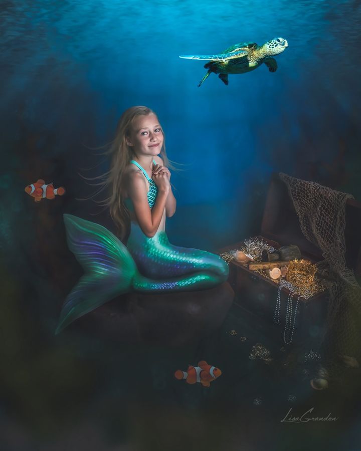Kate Sirène Mer Bleu Été Sous-marin Toile de fond conçue par Lisa Grande - Kate Backdrop FR