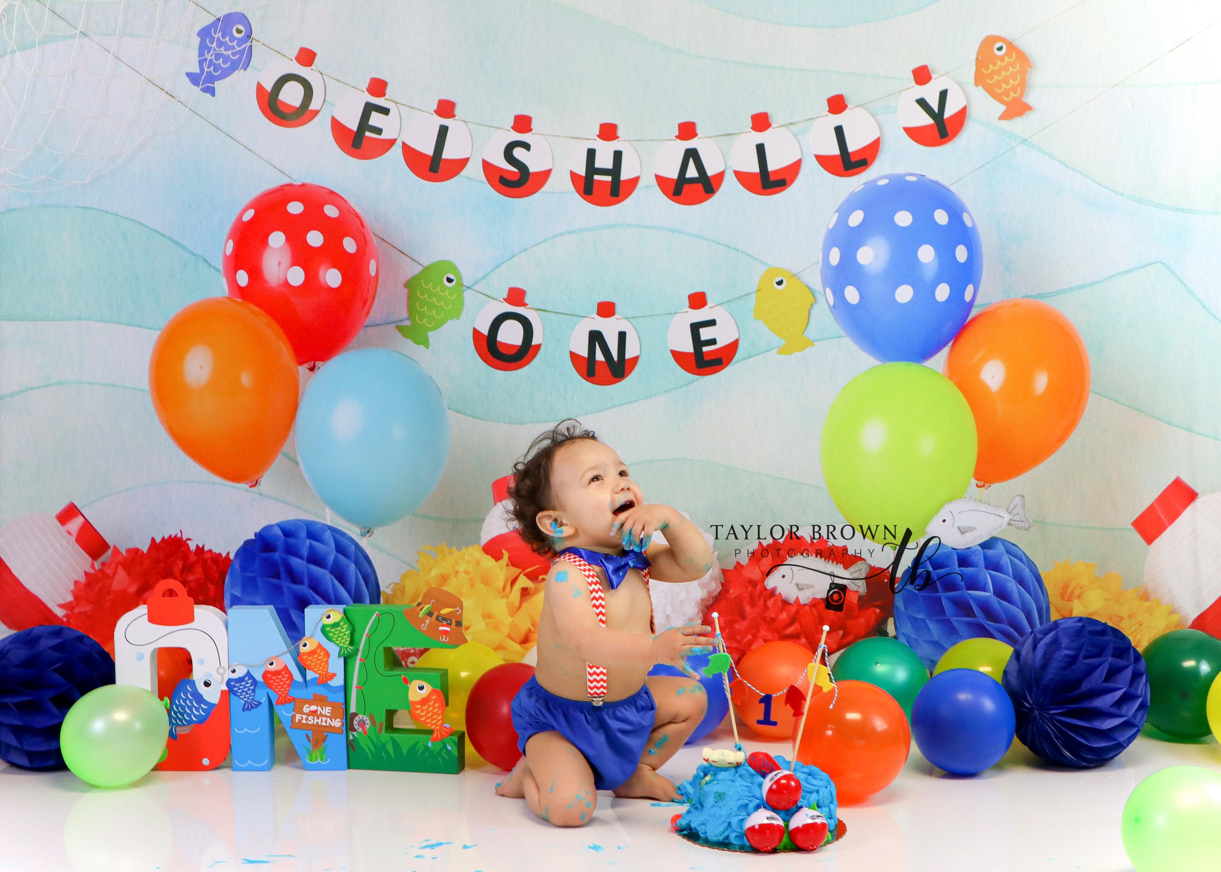 Kate 1er anniversaire Pêcher Ballons Mer Bleu Toile de fond conçue par Mandy Ringe - Kate Backdrop FR