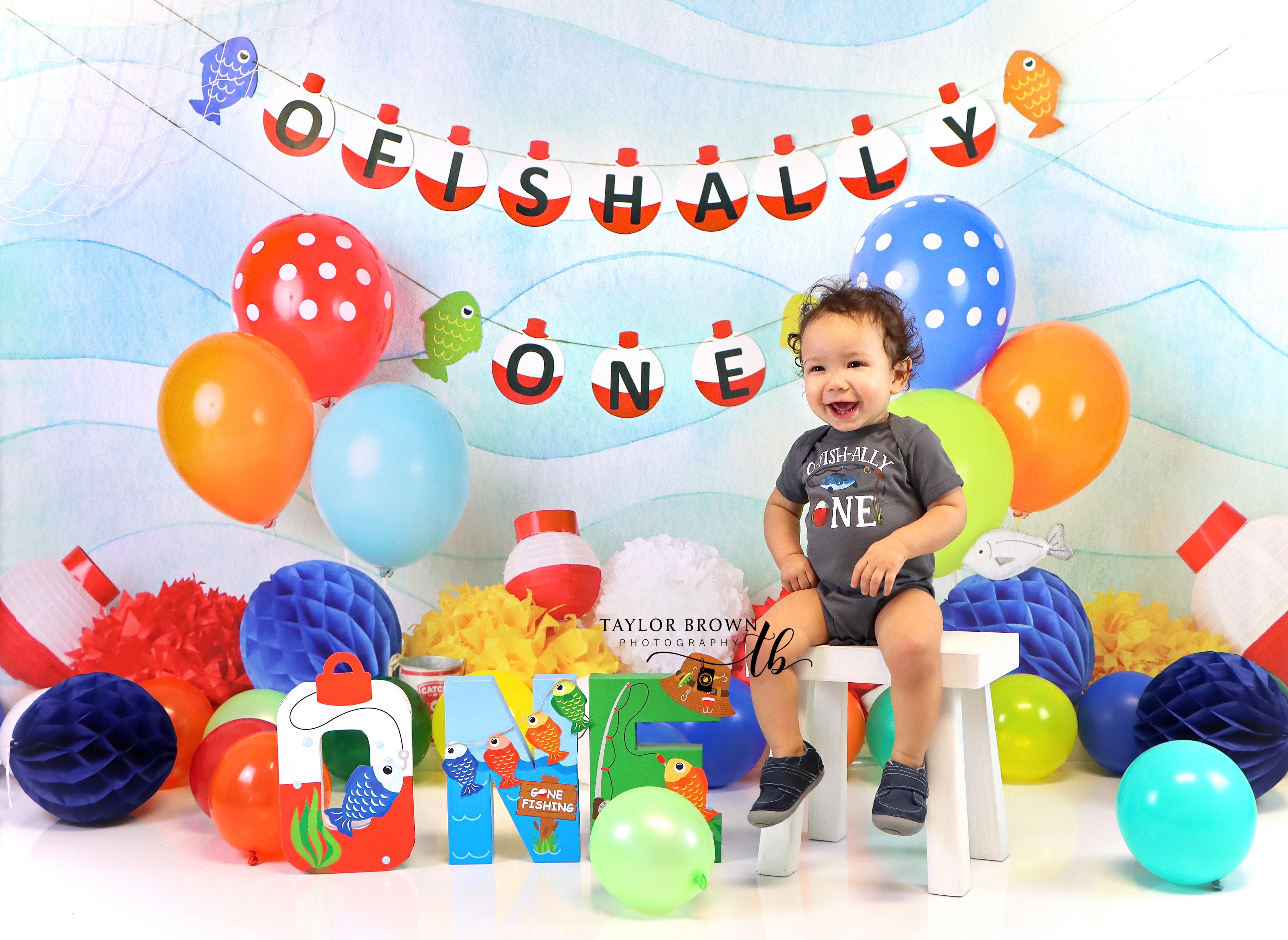 Kate 1er anniversaire Pêcher Ballons Mer Bleu Toile de fond conçue par Mandy Ringe - Kate Backdrop FR