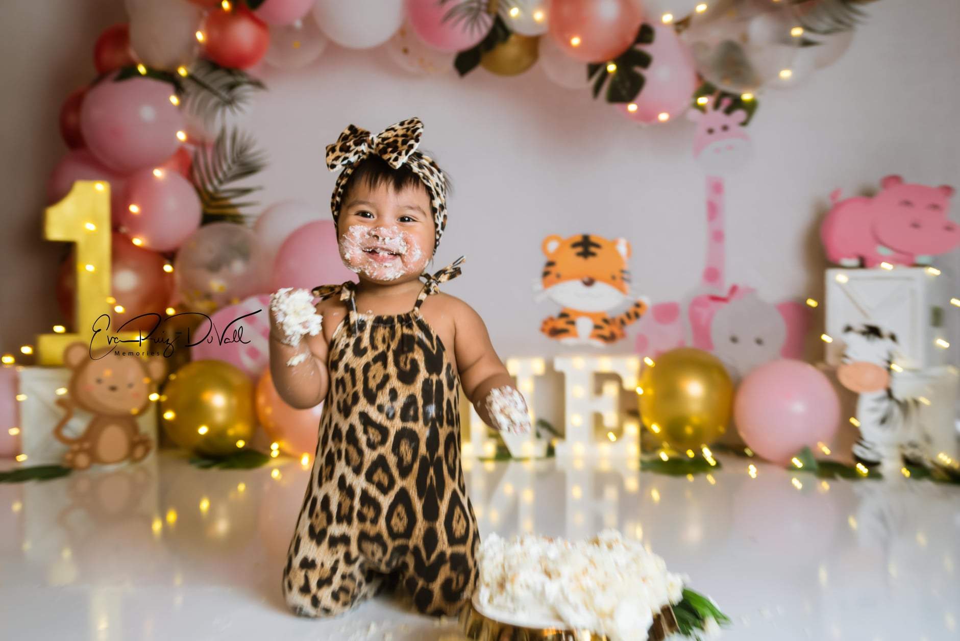 Kate Ballons Safari Rose Enfant Anniversaire Animaux Toile de fond conçue par Megan Leigh - Kate Backdrop FR