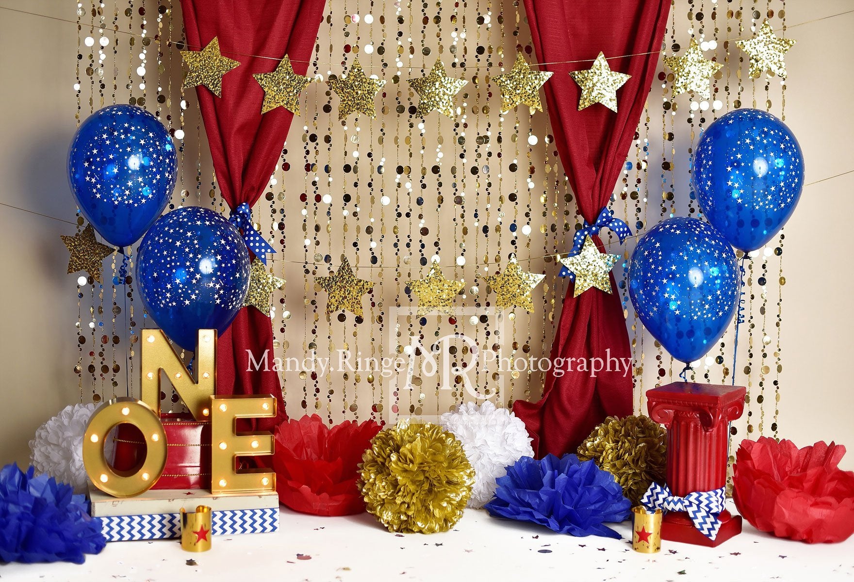 Kate 1er Anniversaire Ballons Étoiles Doré Toile de fond conçue par Mandy Ringe - Kate Backdrop FR
