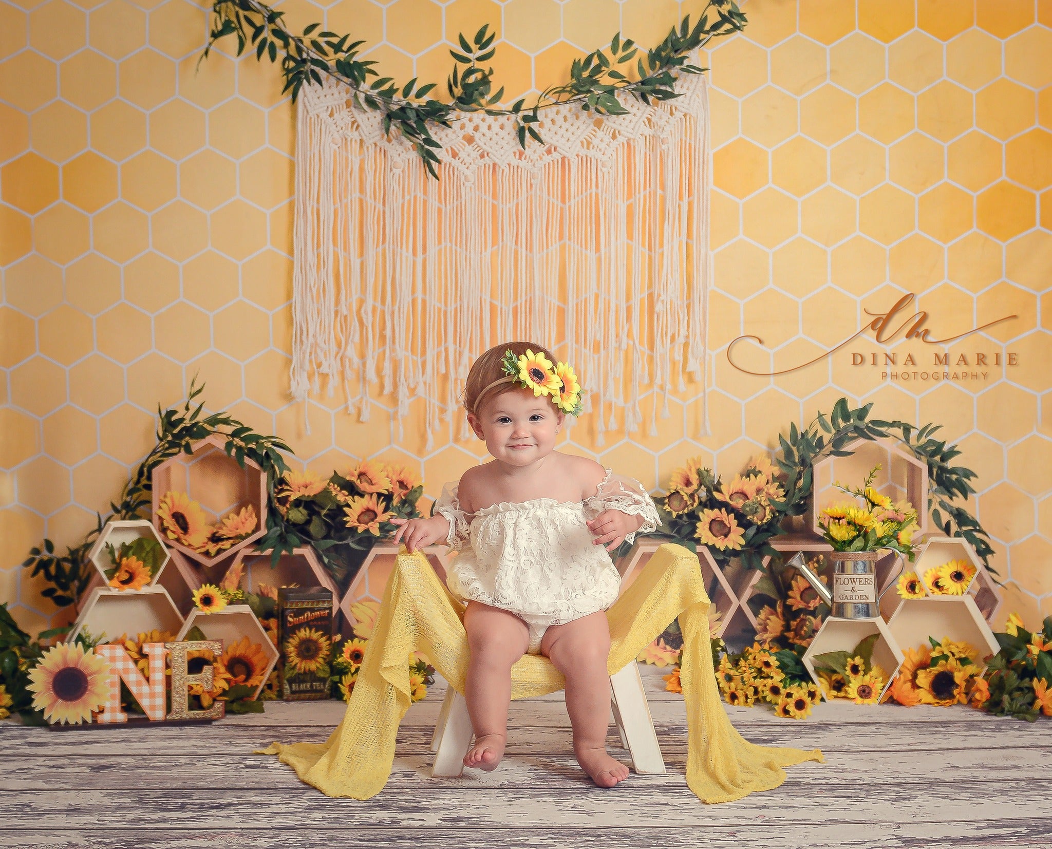 Kate Jaune Nid d'abeilles Boho Cake Smash Toile de fond conçue par Emetselch - Kate Backdrop FR