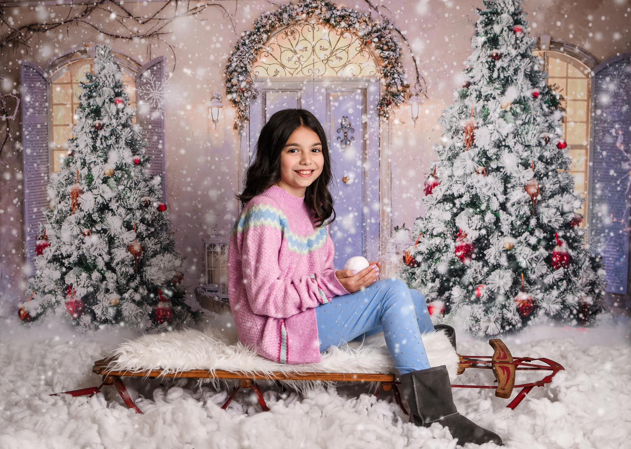 Kate Neige Devant la porte Noël Violet Toile de fond pour la photographie - Kate Backdrop FR