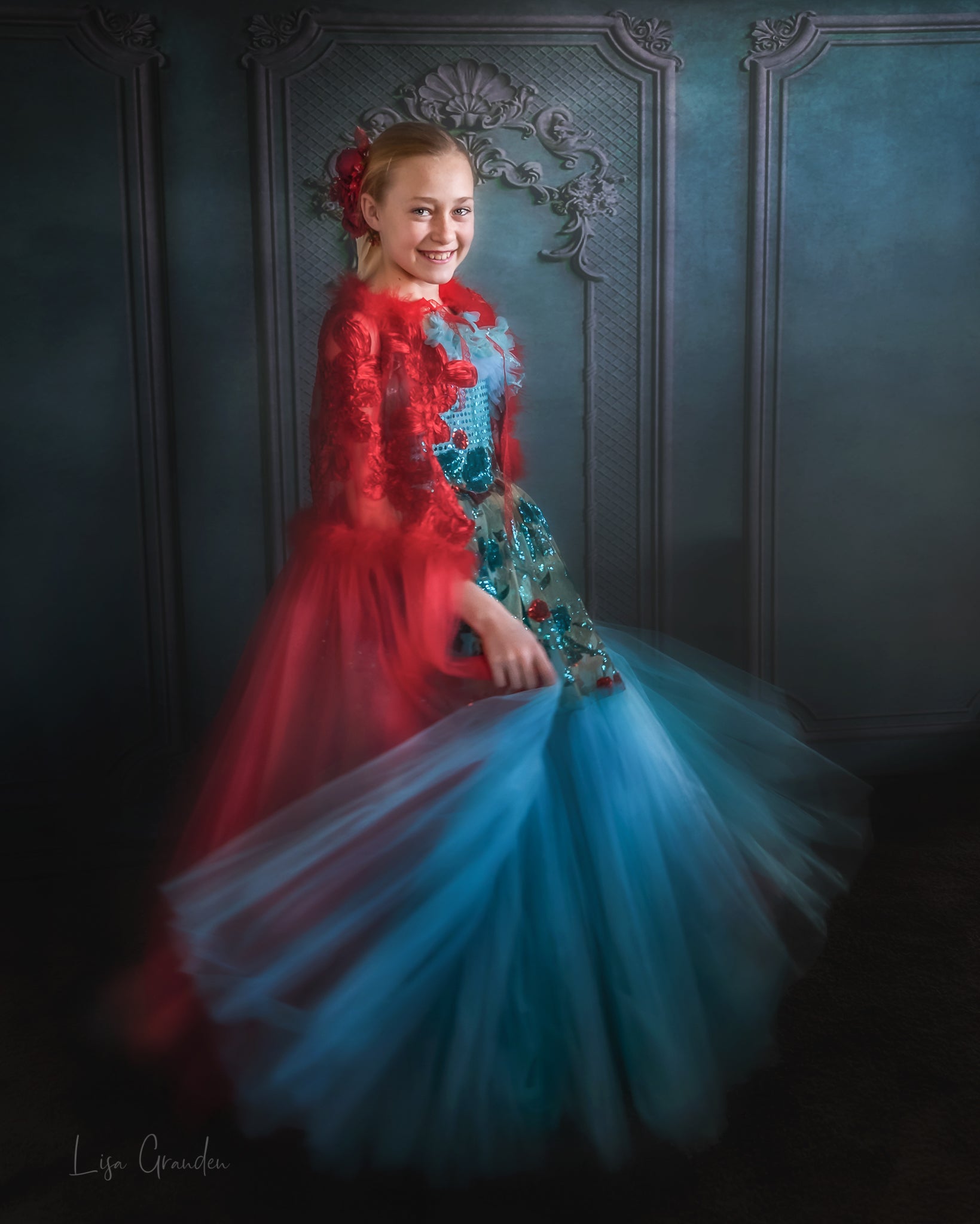 Kate Mur orné Turquoise Rétro Toile de fond conçue par Lisa Granden - Kate Backdrop FR