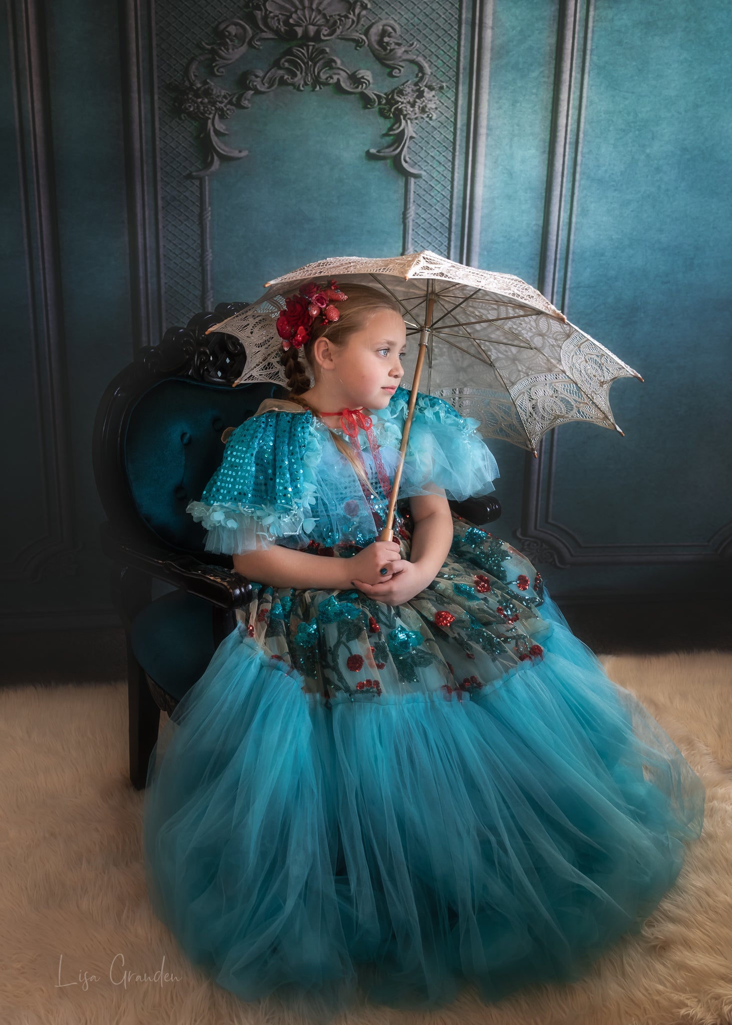 Kate Mur orné Turquoise Rétro Toile de fond conçue par Lisa Granden - Kate Backdrop FR