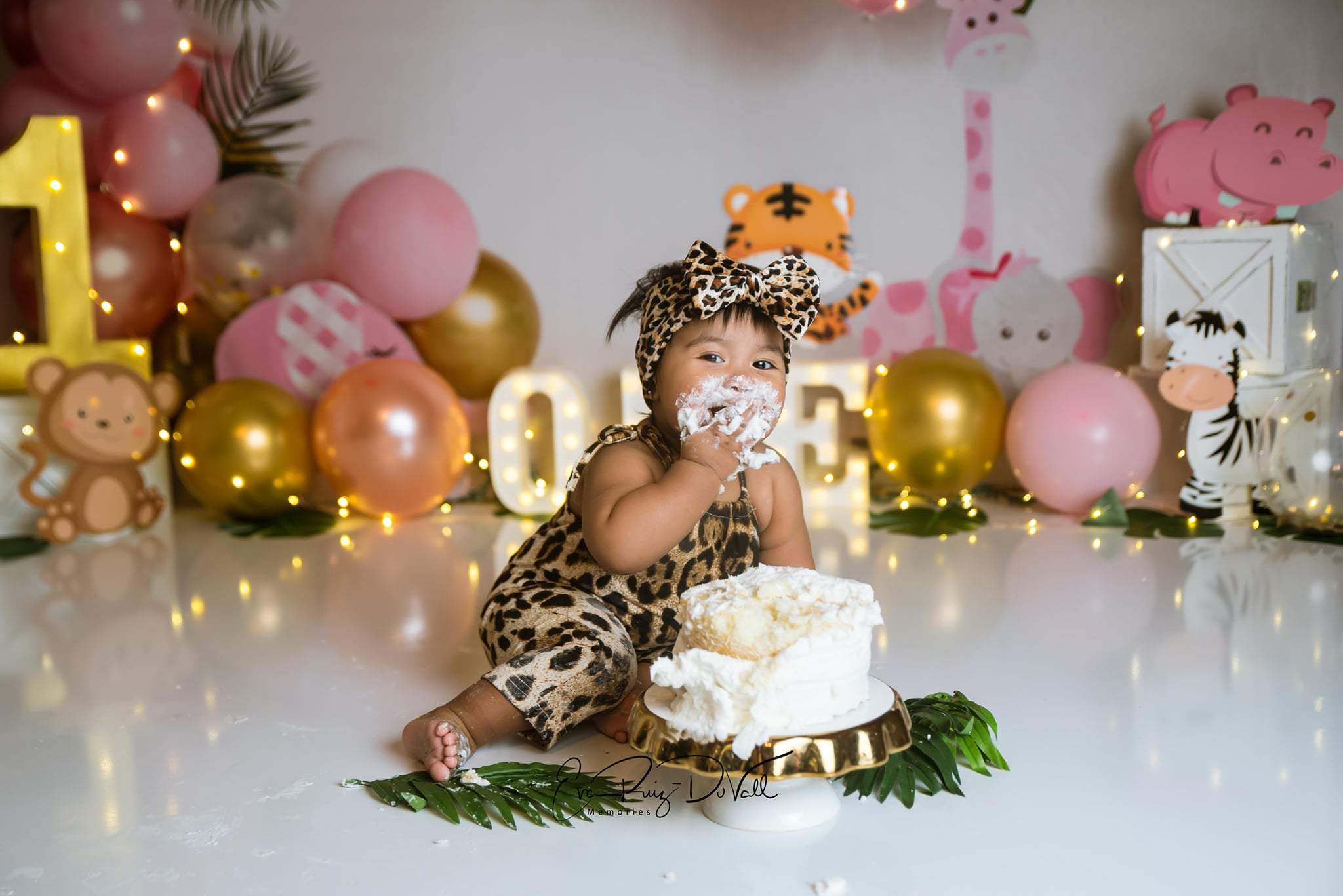 Kate Ballons Safari Rose Enfant Anniversaire Animaux Toile de fond conçue par Megan Leigh - Kate Backdrop FR