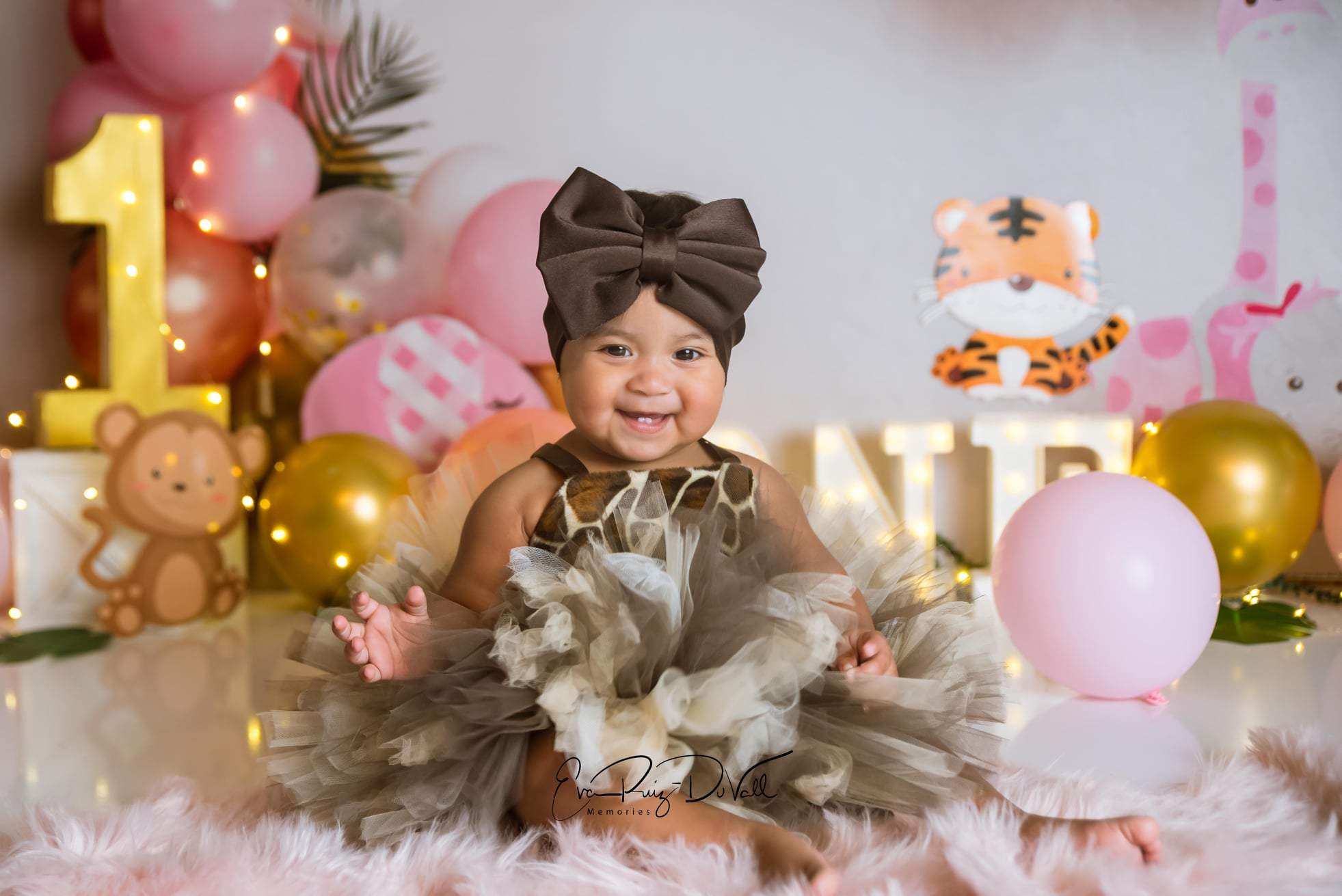 Kate Ballons Safari Rose Enfant Anniversaire Animaux Toile de fond conçue par Megan Leigh - Kate Backdrop FR