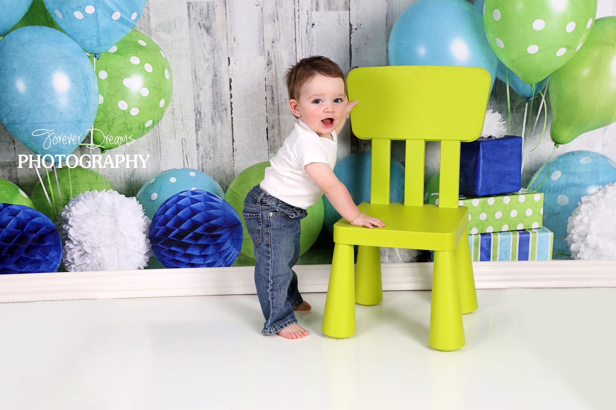 Kate Enfants Anniversaire Bleu Vert citron Toile de fond conçue par Mandy Ringe - Kate Backdrop FR