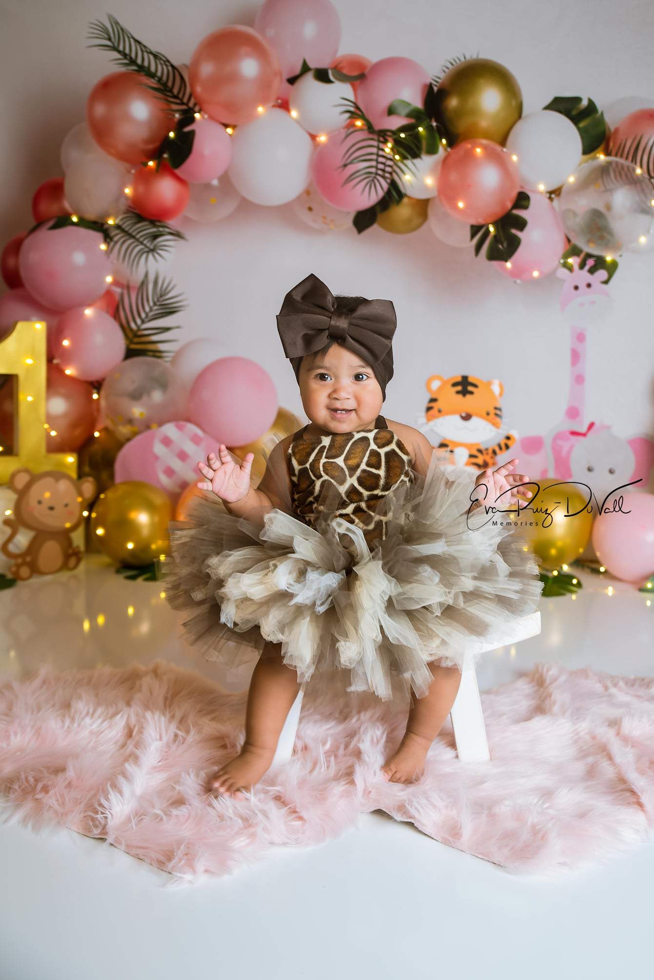 Kate Ballons Safari Rose Enfant Anniversaire Animaux Toile de fond conçue par Megan Leigh - Kate Backdrop FR