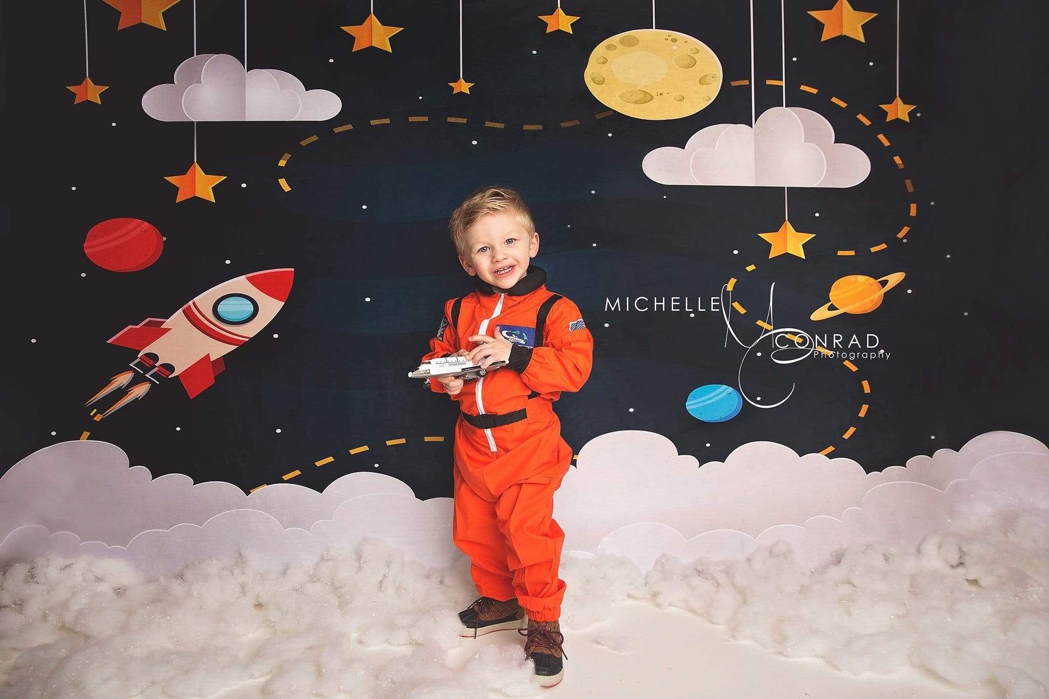 Katebackdrop£ºKate Space with Stars Moons Rocket Children Backdrop for Photography Designed by Amanda Moffatt