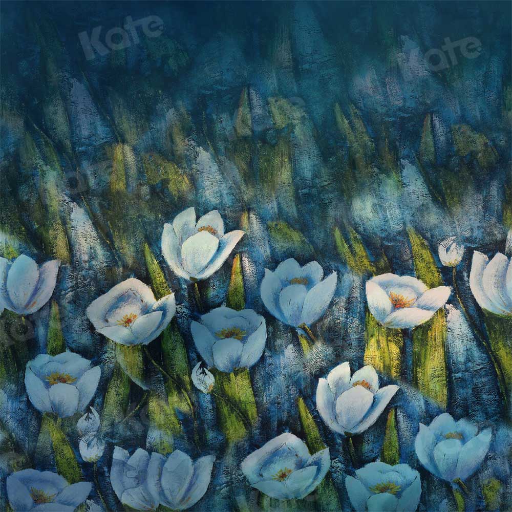 Kate toile de fond de fleur blanche de peinture à l'huile d'art bleu pour la photographie - Kate Backdrop FR