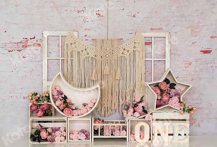 Kate Anniversaire Fleurs Boho Cake Smash Toile de fond Conçu par Emetselch - Kate Backdrop FR