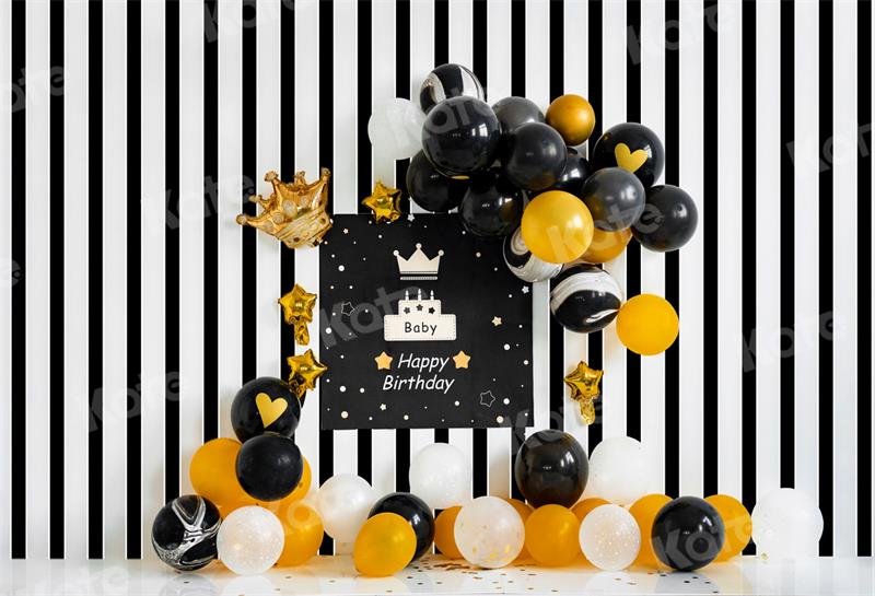 Kate Rayure Ballons Jaune Noir Anniversaire Toile de fond pour la photographie - Kate Backdrop FR