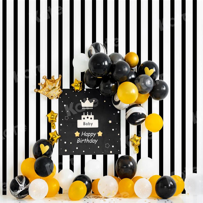 Kate Rayure Ballons Jaune Noir Anniversaire Toile de fond pour la photographie - Kate Backdrop FR