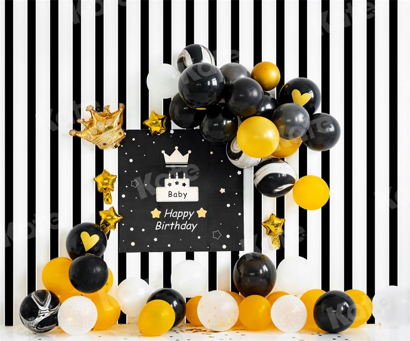 Kate Rayure Ballons Jaune Noir Anniversaire Toile de fond pour la photographie - Kate Backdrop FR