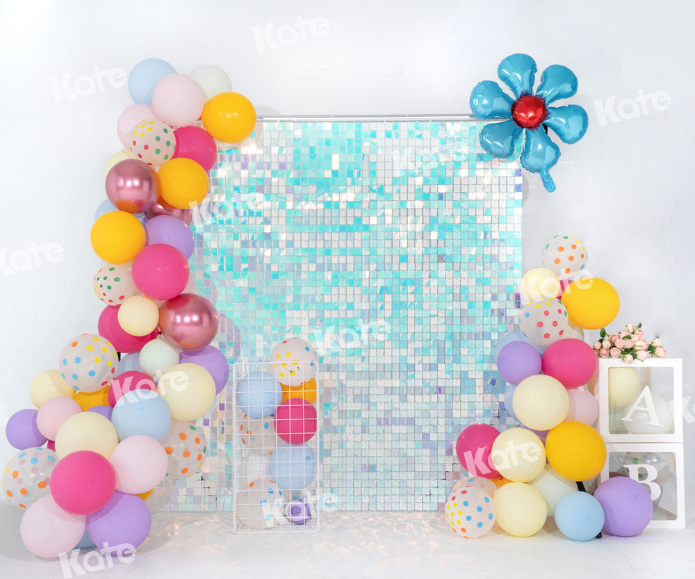 Kate Ballons Anniversaire Fête Paillettes Bleu clair Toile de fond conçu par Emetselch - Kate Backdrop FR