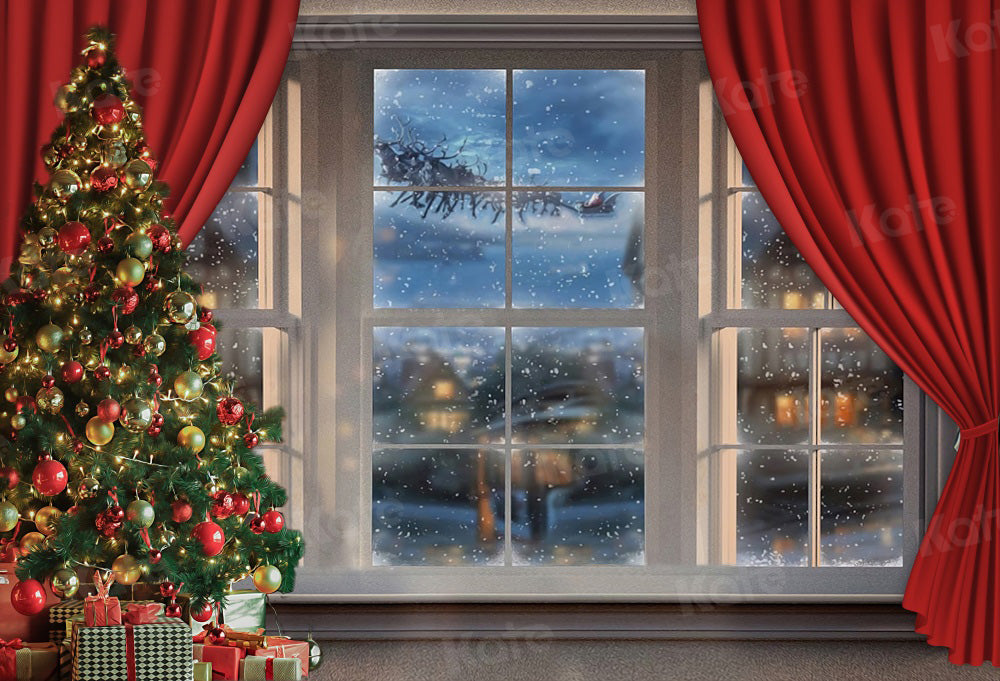 Kate Rideau Rouge Fenêtre Noël Neige Toile de fond pour la photographie - Kate Backdrop FR