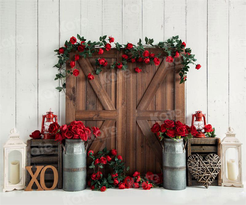Kate Roses rouges Porte Grange Saint-Valentin Toile de fond pour la photographie - Kate Backdrop FR