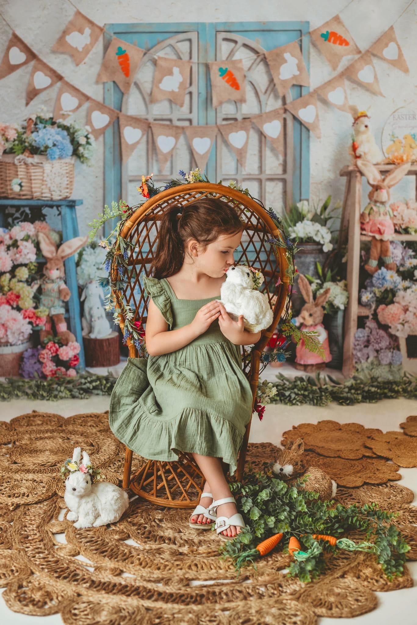 Kate Blanc Lapin Fleurs Pâques Toile de fond pour la photographie