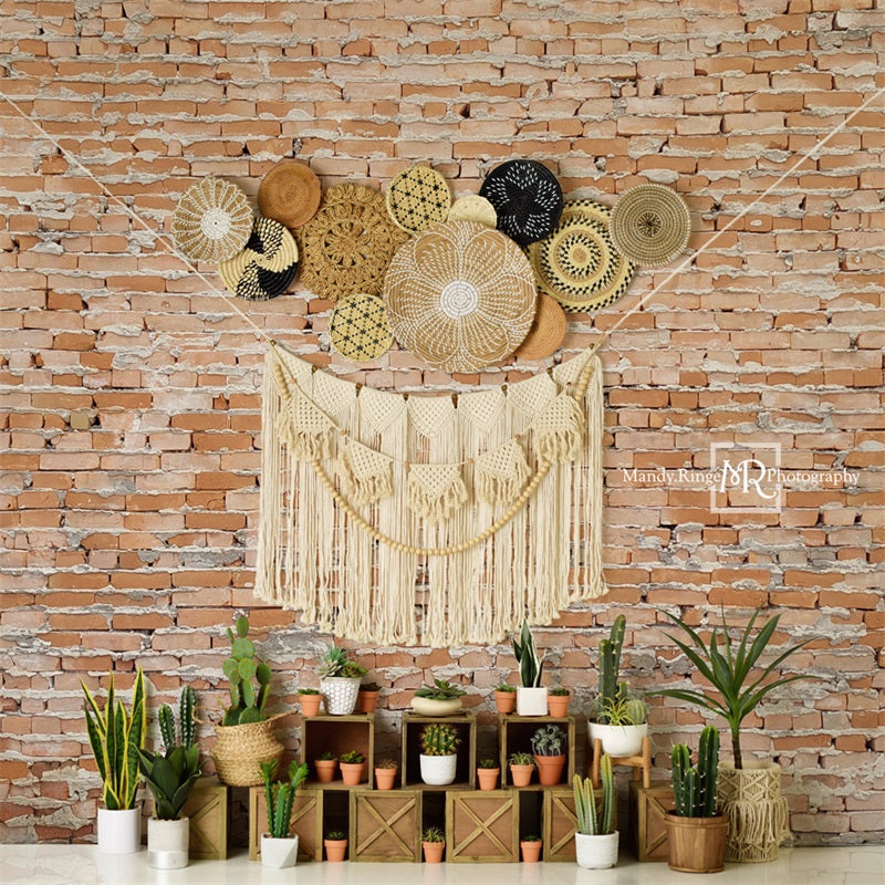 Kate Mur de briques Boho Cactus Toile de fond conçue par Mandy Ringe - Kate Backdrop FR
