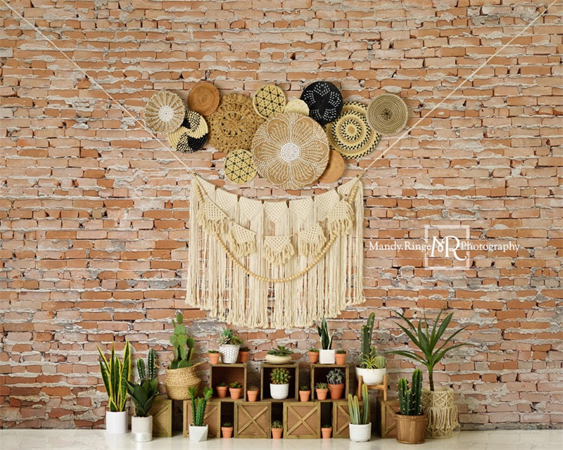 Kate Mur de briques Boho Cactus Toile de fond conçue par Mandy Ringe - Kate Backdrop FR