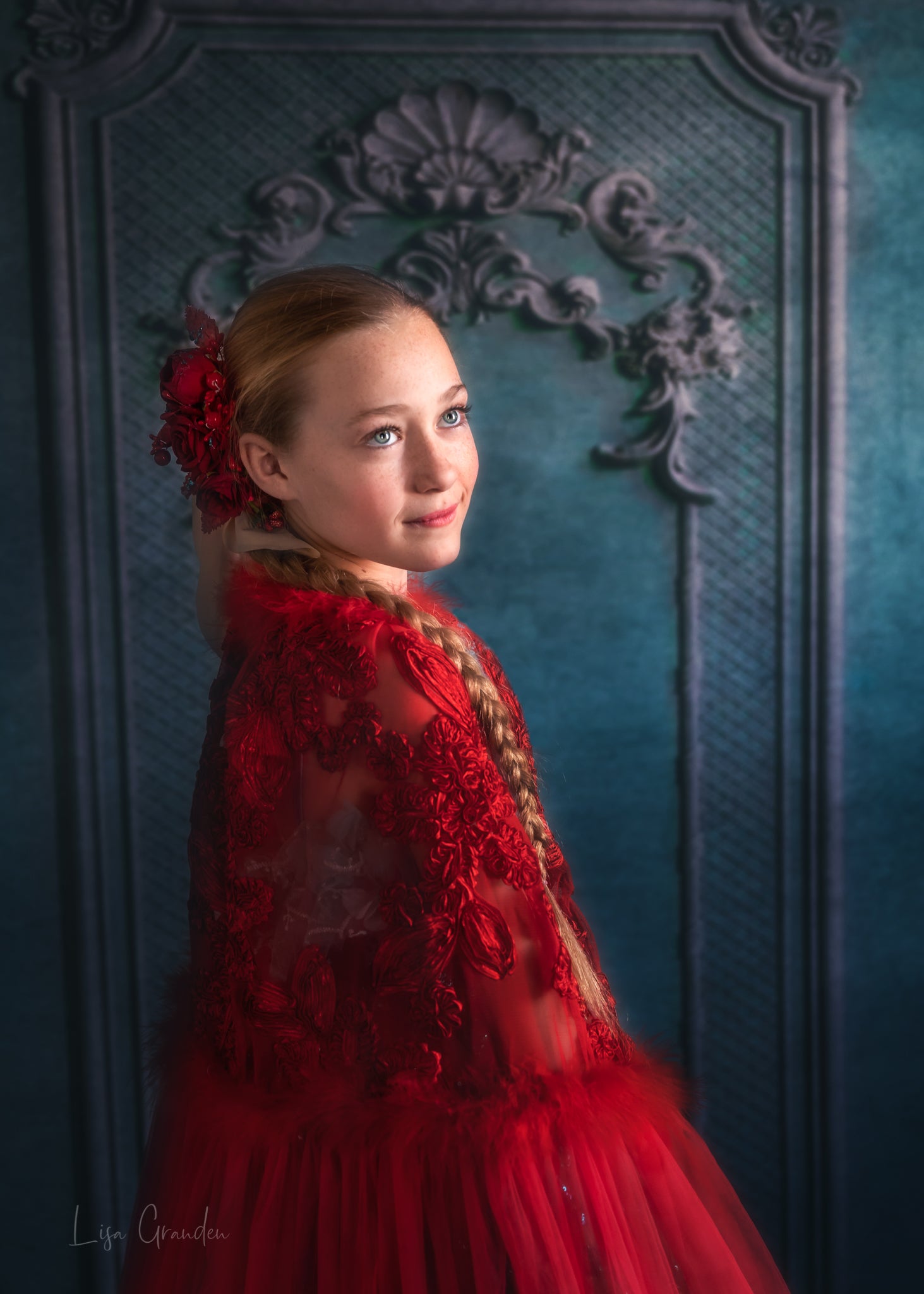 Kate Mur orné Turquoise Rétro Toile de fond conçue par Lisa Granden - Kate Backdrop FR