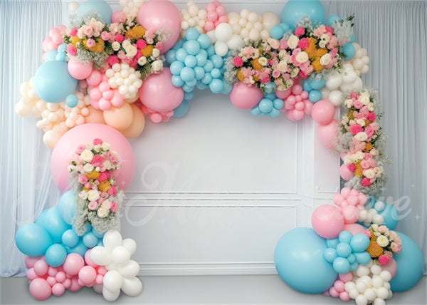 Kate Pictural Bleu Rose Bébé Ballons Anniversaire Toile de fond conçue par Mini MakeBelieve - Kate Backdrop FR