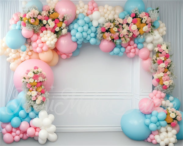 Kate Pictural Bleu Rose Bébé Ballons Anniversaire Toile de fond conçue par Mini MakeBelieve - Kate Backdrop FR