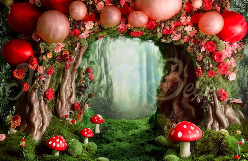 Kate Champignon Forêt Ballons Rouge Toile de fond conçue par Mini MakeBelieve - Kate Backdrop FR