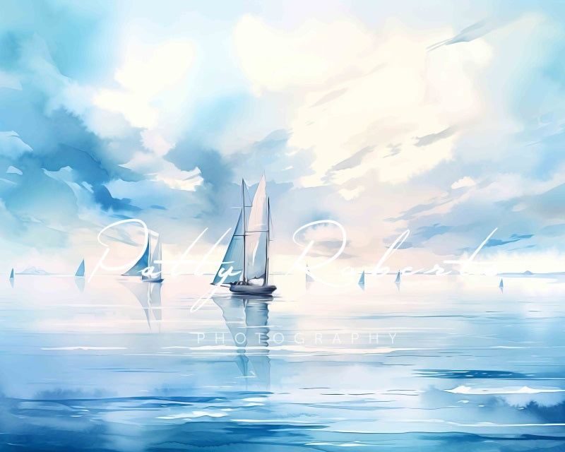 Kate Aquarelle Mer bleue Bateaux Toile de fond conçu par Patty Robert - Kate Backdrop FR