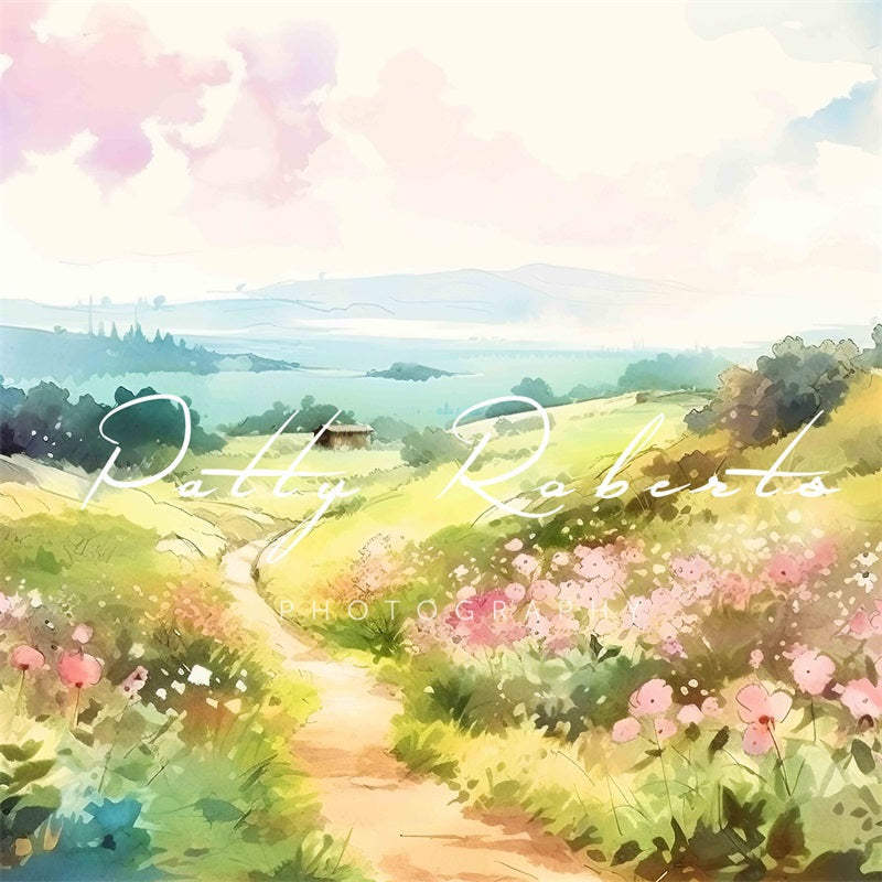 Kate Aquarelle Prairie verte Sérénité Toile de fond Conçu par Patty Robert - Kate Backdrop FR