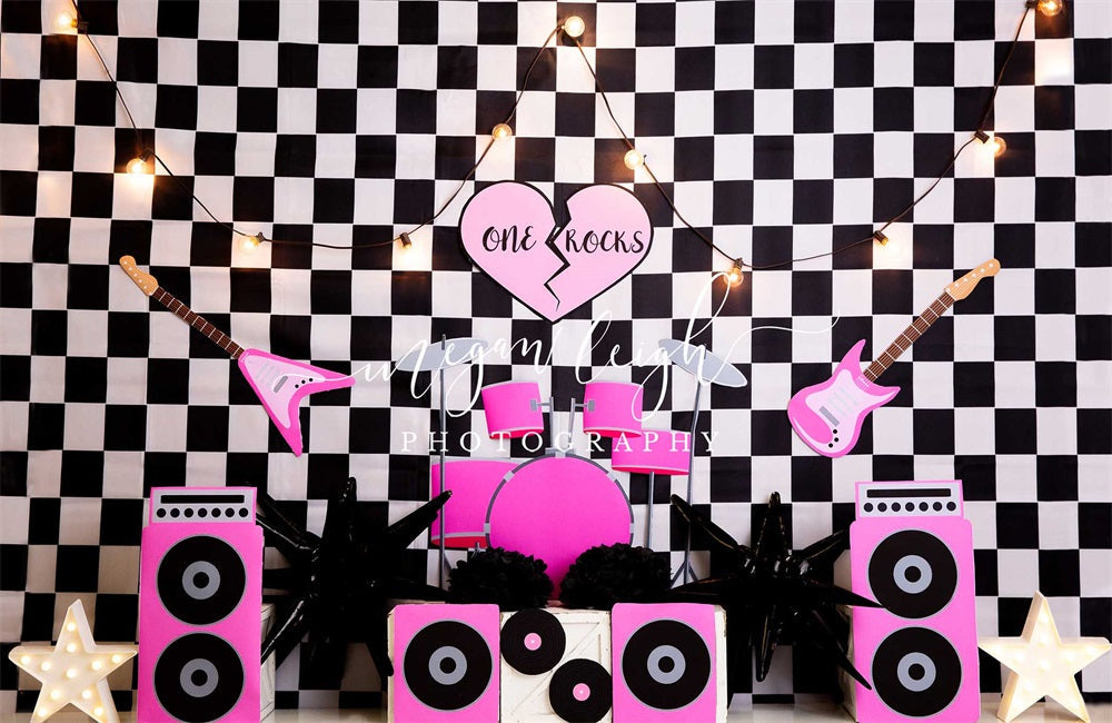 Kate Musique rock Plaid Noir et Blanc Toile de fond conçue par Megan Leigh - Kate Backdrop FR