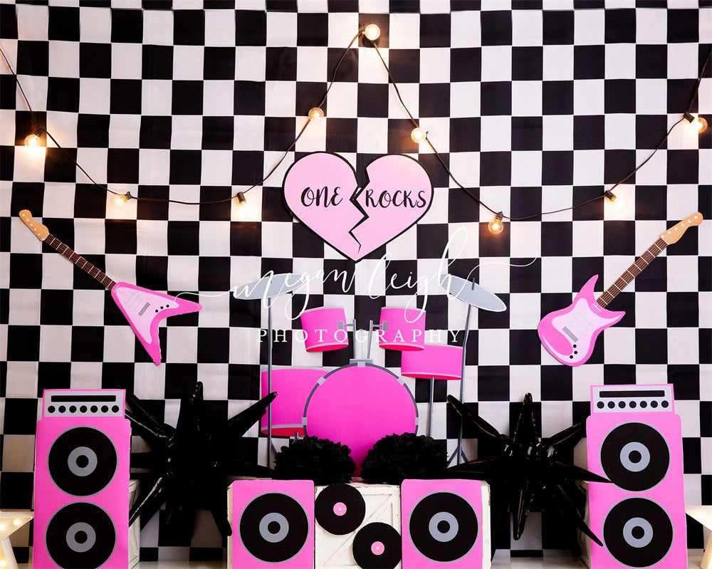 Kate Musique rock Plaid Noir et Blanc Toile de fond conçue par Megan Leigh - Kate Backdrop FR
