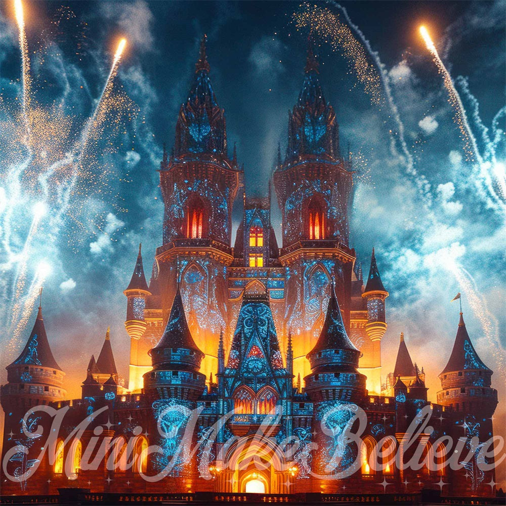 Kate Château Feux d'artifice Lumières laser Nuit Toile de fond conçue par Mini MakeBelieve - Kate Backdrop FR