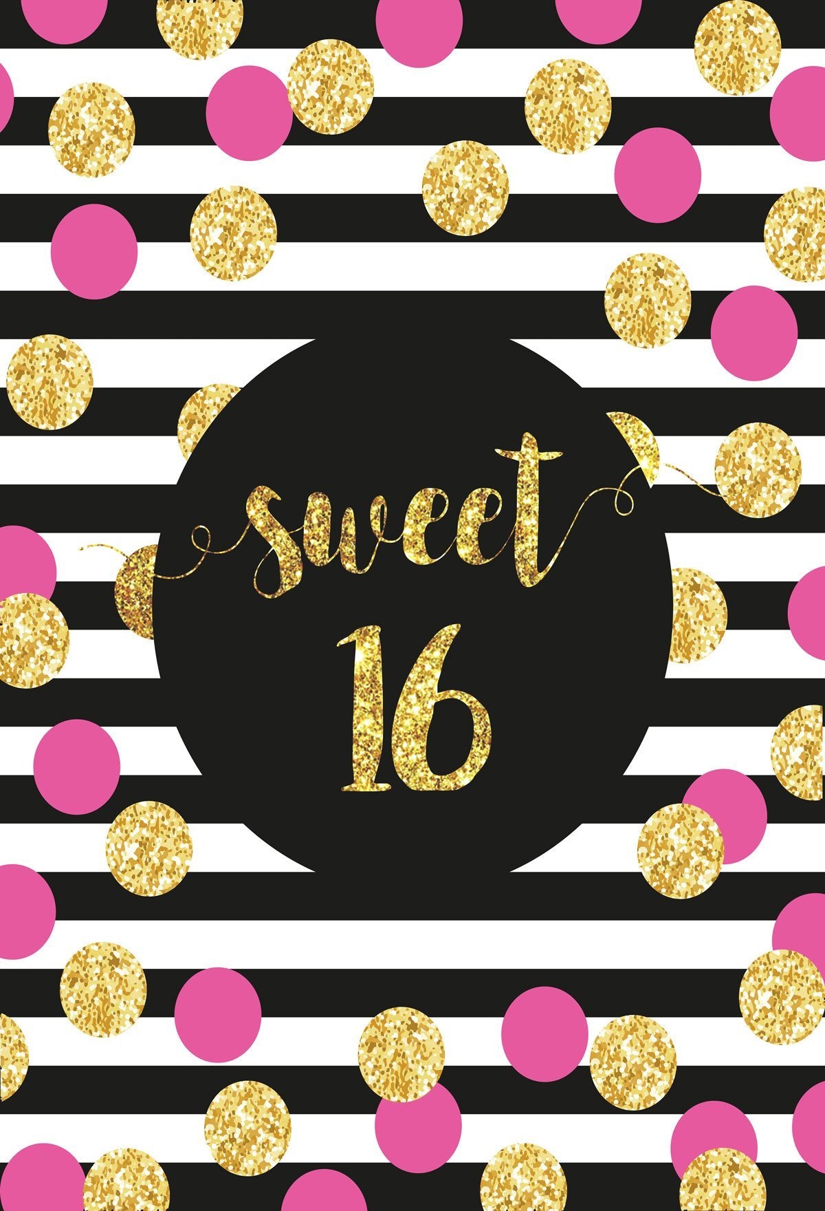 Birthday Party Black and White Stripe Backdrop with pink golden Dots - Kate backdrops UK