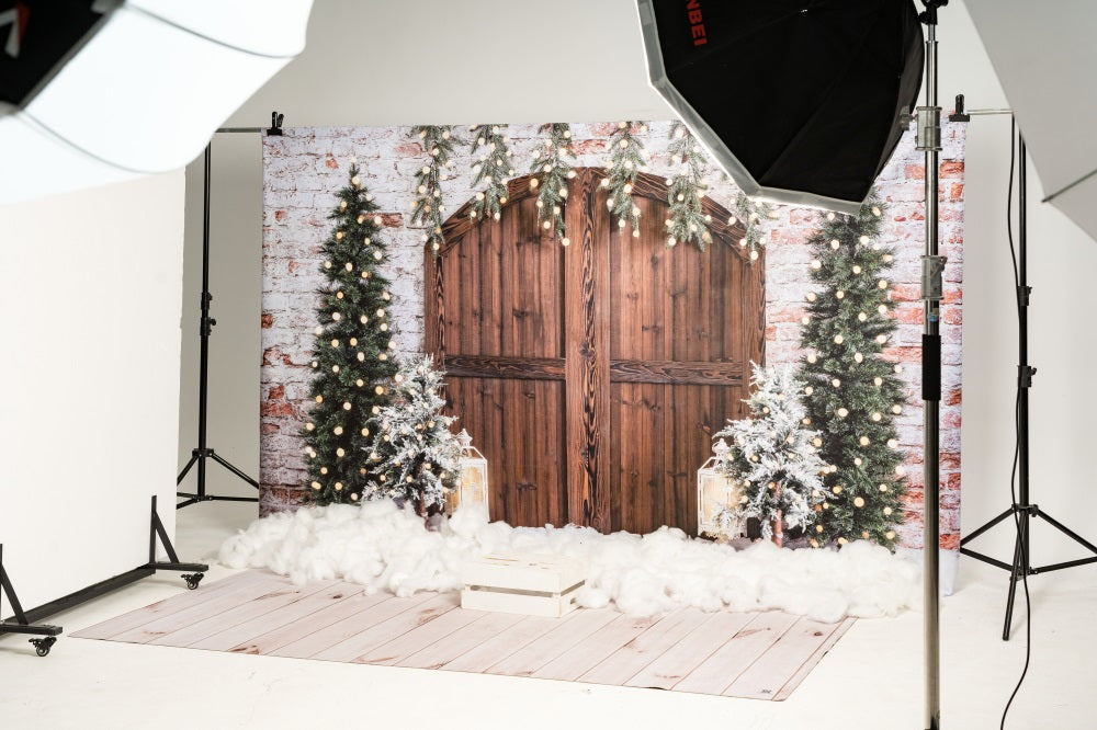 Kate Noël Mur de briques Arbres Porte Hiver Toile de fond conçue par Emetselch - Kate Backdrop FR