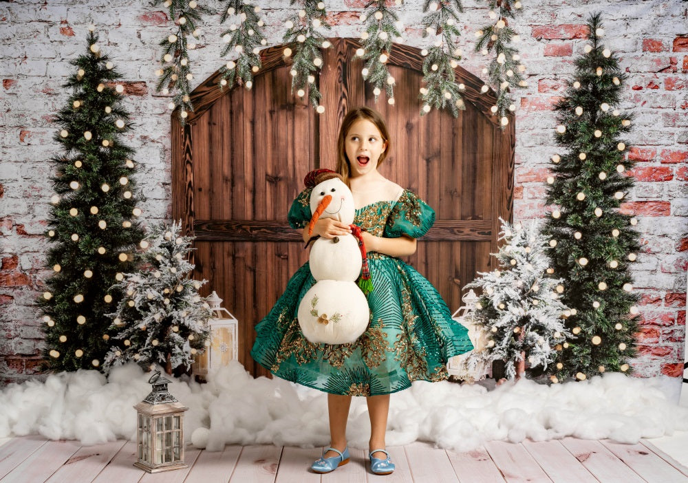 Kate Noël Mur de briques Arbres Porte Hiver Toile de fond conçue par Emetselch - Kate Backdrop FR