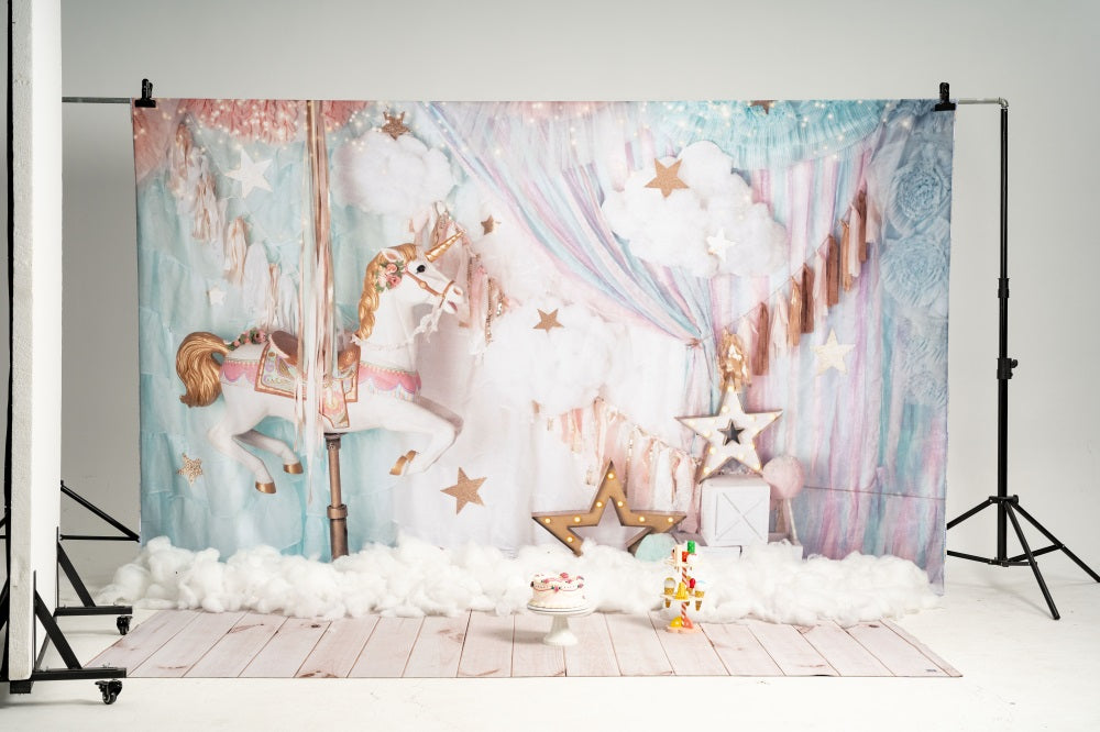 Kate Anniversaire Rêves Carrousel Licorne Toile de fond conçue par Mandy Ringe - Kate Backdrop FR