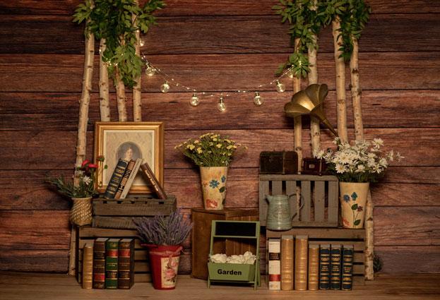 Kate Fête des mères Lumières Mur en bois Gramophone Toile de fond conçue par Jia Chan - Kate Backdrop FR