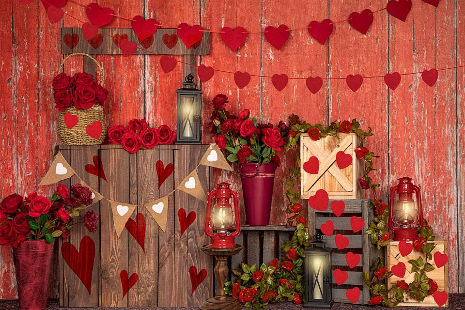 Kate Mur en bois Rouge Roses Saint-Valentin Toile de fond Conçu par Emetselch - Kate Backdrop FR