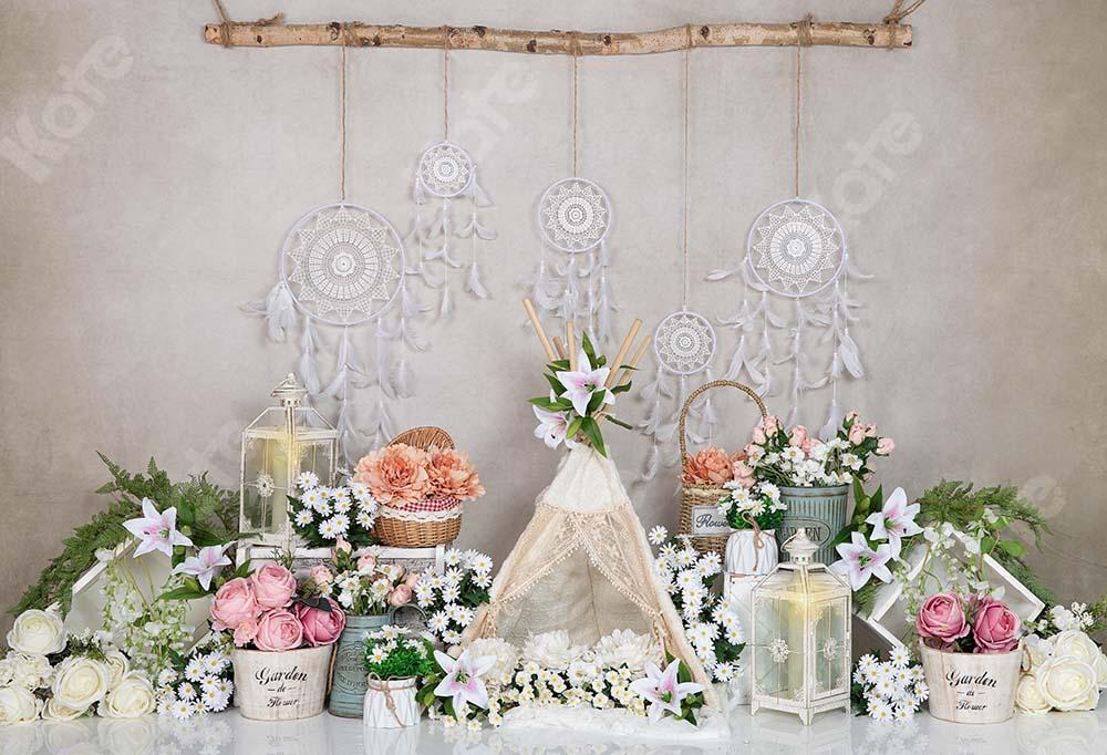 Kate Boho Printemps Attrape-rêves Fleurs Toile de fond conçue par Emetselch - Kate Backdrop FR