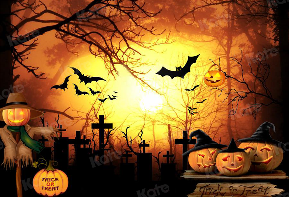 Kate Halloween Cimetière Chauves-souris Citrouille Toile de fond conçue par Chain Photography - Kate Backdrop FR