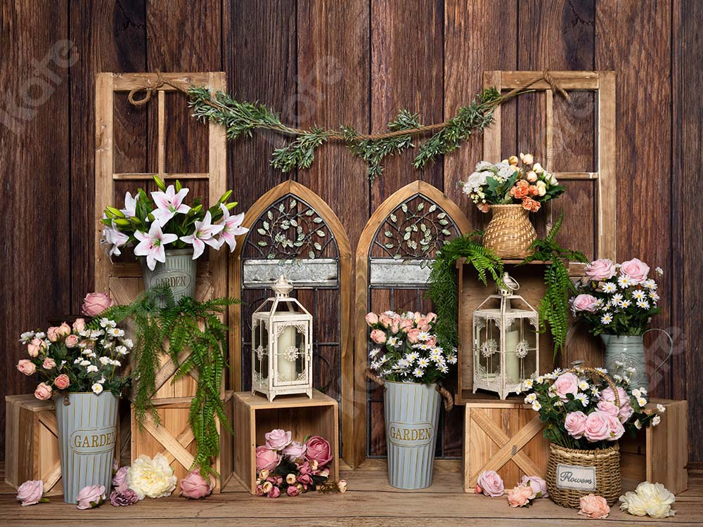 Kate Printemps Brun Porte Mur en bois Jardin Fleurs Toile de fond pour la photographie - Kate Backdrop FR