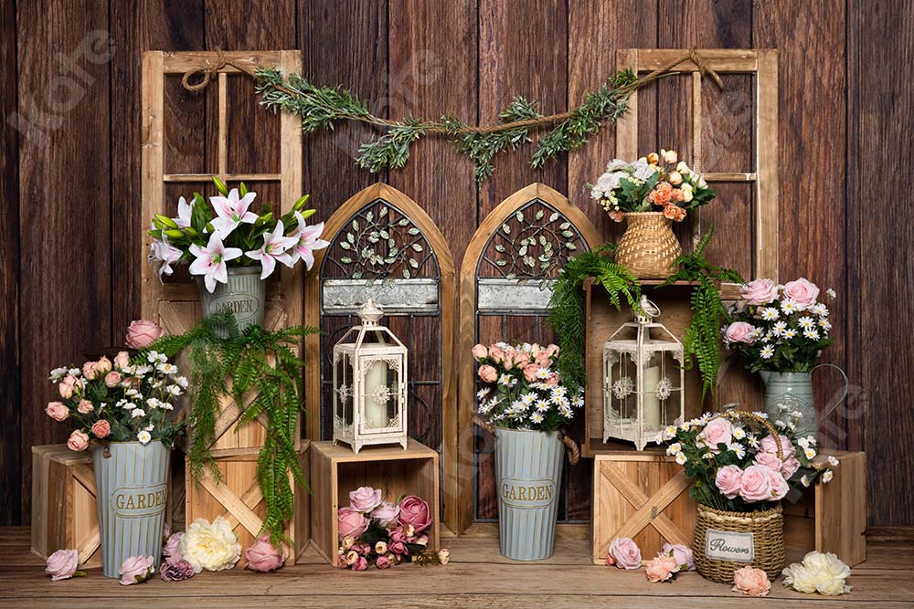 Kate Printemps Brun Porte Mur en bois Jardin Fleurs Toile de fond pour la photographie - Kate Backdrop FR