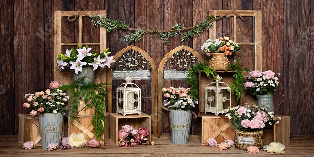 Kate Printemps Brun Porte Mur en bois Jardin Fleurs Toile de fond pour la photographie - Kate Backdrop FR