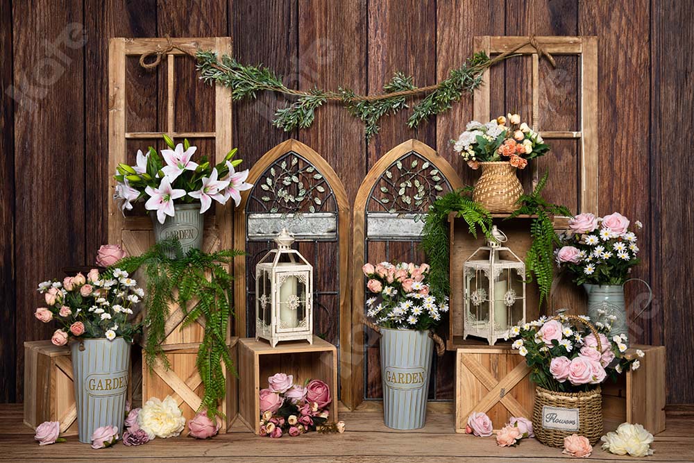 Kate Printemps Brun Porte Mur en bois Jardin Fleurs Toile de fond pour la photographie - Kate Backdrop FR